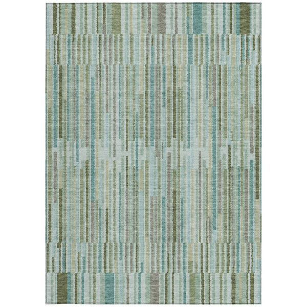 HomeRoots 5' Indoor Outdoor Area Rug in Artichoke Green and Teal Blue Stripes - Durable, Washable Design 5' X 8' 631522