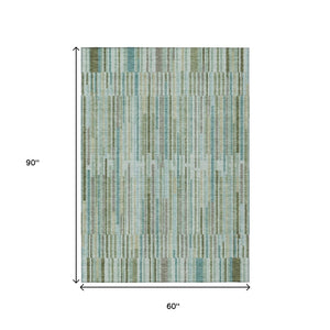 HomeRoots 5' Indoor Outdoor Area Rug in Artichoke Green and Teal Blue Stripes - Durable, Washable Design 5' X 8' 631522