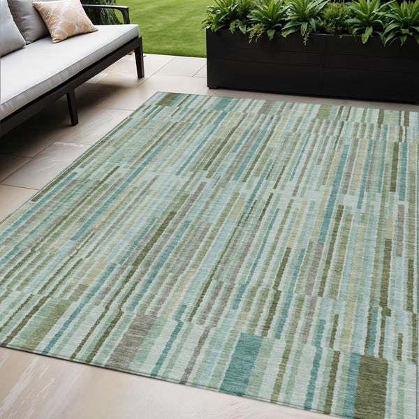 HomeRoots 5' Indoor Outdoor Area Rug in Artichoke Green and Teal Blue Stripes - Durable, Washable Design 5' X 8' 631522
