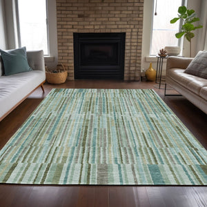 HomeRoots 5' Indoor Outdoor Area Rug in Artichoke Green and Teal Blue Stripes - Durable, Washable Design 5' X 8' 631522