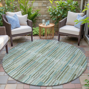 HomeRoots 5' Indoor Outdoor Area Rug in Artichoke Green and Teal Blue Stripes - Durable, Washable Design 8' Round 631523