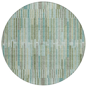 HomeRoots 5' Indoor Outdoor Area Rug in Artichoke Green and Teal Blue Stripes - Durable, Washable Design 8' Round 631523