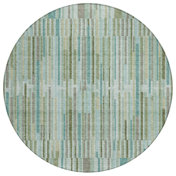 HomeRoots 5' Indoor Outdoor Area Rug in Artichoke Green and Teal Blue Stripes - Durable, Washable Design 8' Round 631523
