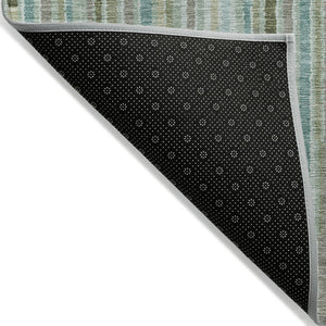 HomeRoots 5' Indoor Outdoor Area Rug in Artichoke Green and Teal Blue Stripes - Durable, Washable Design 8' Round 631523