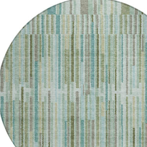 HomeRoots 5' Indoor Outdoor Area Rug in Artichoke Green and Teal Blue Stripes - Durable, Washable Design 8' Round 631523