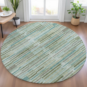 HomeRoots 5' Indoor Outdoor Area Rug in Artichoke Green and Teal Blue Stripes - Durable, Washable Design 8' Round 631523