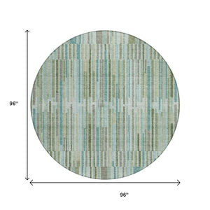 HomeRoots 5' Indoor Outdoor Area Rug in Artichoke Green and Teal Blue Stripes - Durable, Washable Design 8' Round 631523