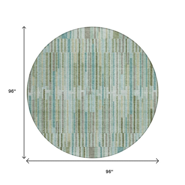HomeRoots 5' Indoor Outdoor Area Rug in Artichoke Green and Teal Blue Stripes - Durable, Washable Design 8' Round 631523