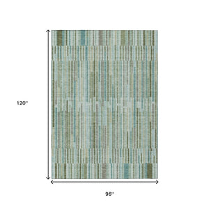 HomeRoots 5' Indoor Outdoor Area Rug in Artichoke Green and Teal Blue Stripes - Durable, Washable Design 8' X 10' 631524