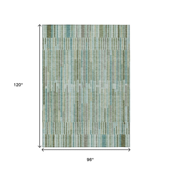 HomeRoots 5' Indoor Outdoor Area Rug in Artichoke Green and Teal Blue Stripes - Durable, Washable Design 8' X 10' 631524