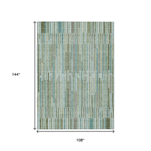 HomeRoots 5' Indoor Outdoor Area Rug in Artichoke Green and Teal Blue Stripes - Durable, Washable Design 9' X 12' 631525