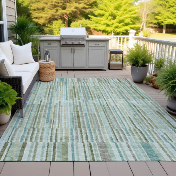 HomeRoots 5' Indoor Outdoor Area Rug in Artichoke Green and Teal Blue Stripes - Durable, Washable Design 9' X 12' 631525