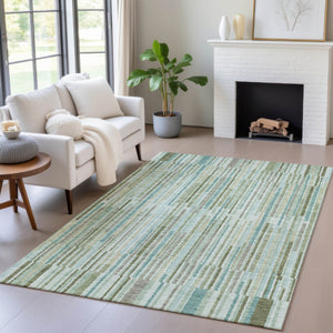 HomeRoots 5' Indoor Outdoor Area Rug in Artichoke Green and Teal Blue Stripes - Durable, Washable Design 9' X 12' 631525