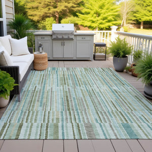 HomeRoots 5' Indoor Outdoor Area Rug in Artichoke Green and Teal Blue Stripes - Durable, Washable Design 10' X 14' 631526