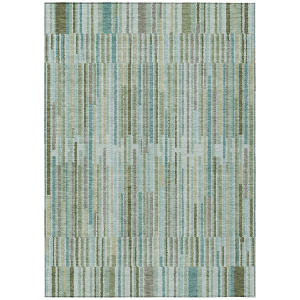 HomeRoots 5' Indoor Outdoor Area Rug in Artichoke Green and Teal Blue Stripes - Durable, Washable Design 10' X 14' 631526