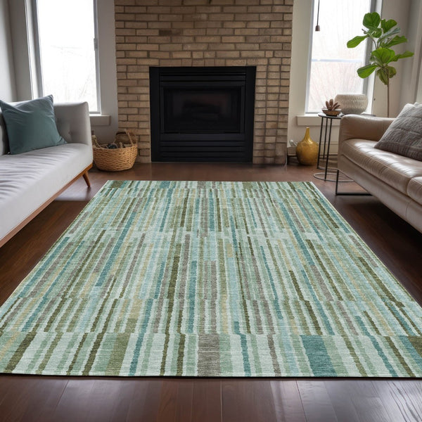 HomeRoots 5' Indoor Outdoor Area Rug in Artichoke Green and Teal Blue Stripes - Durable, Washable Design 10' X 14' 631526