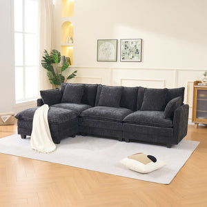 English Elm Beige Chenille Sectional Sofa with Modular Ottoman for Living Room or Studio Black W2603S00006
