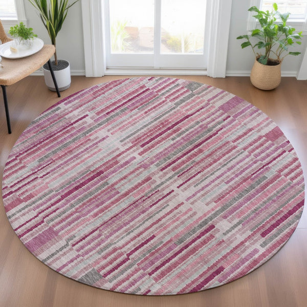 HomeRoots 5' Elegant Blush and Ivory Striped Indoor Outdoor Area Rug - Durable, Washable, Easy-Care Solution 8' Round 631529