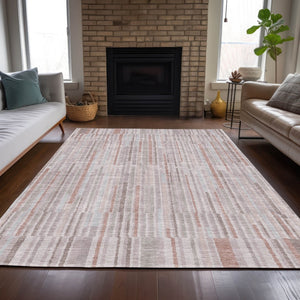 HomeRoots 5' Coral and Beige Striped Area Rug – Stylish, Washable Design for Indoor and Outdoor Spaces 5' X 8' 631534