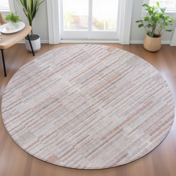 HomeRoots 5' Coral and Beige Striped Area Rug – Stylish, Washable Design for Indoor and Outdoor Spaces 8' Round 631535