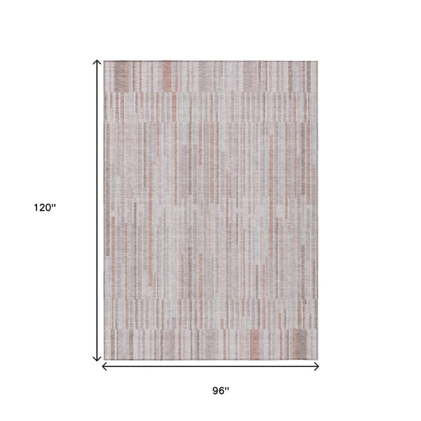 HomeRoots 5' Coral and Beige Striped Area Rug – Stylish, Washable Design for Indoor and Outdoor Spaces 8' X 10' 631536
