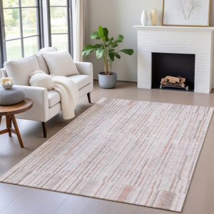 HomeRoots 5' Coral and Beige Striped Area Rug – Stylish, Washable Design for Indoor and Outdoor Spaces 10' X 14' 631538