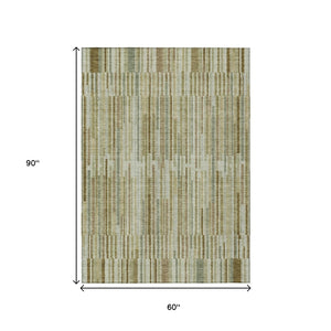 HomeRoots 5' Stylish Khaki and Olive Green Striped Washable Rug for Indoor and Outdoor Versatile Use 5' X 8' 631540