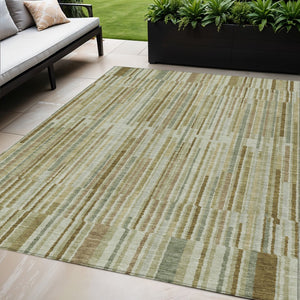 HomeRoots 5' Stylish Khaki and Olive Green Striped Washable Rug for Indoor and Outdoor Versatile Use 5' X 8' 631540