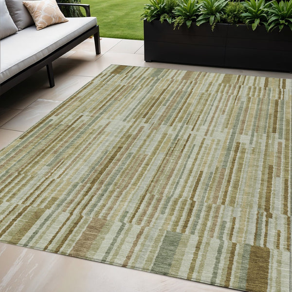 HomeRoots 5' Stylish Khaki and Olive Green Striped Washable Rug for Indoor and Outdoor Versatile Use 5' X 8' 631540