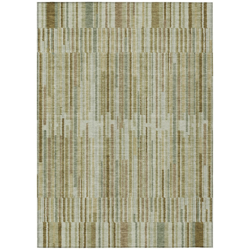 HomeRoots 5' Stylish Khaki and Olive Green Striped Washable Rug for Indoor and Outdoor Versatile Use 5' X 8' 631540