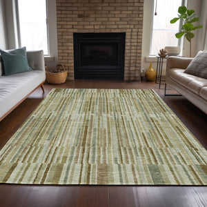 HomeRoots 5' Stylish Khaki and Olive Green Striped Washable Rug for Indoor and Outdoor Versatile Use 5' X 8' 631540