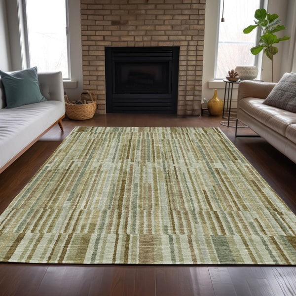 HomeRoots 5' Stylish Khaki and Olive Green Striped Washable Rug for Indoor and Outdoor Versatile Use 5' X 8' 631540