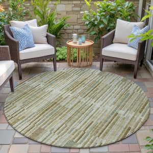 HomeRoots 5' Stylish Khaki and Olive Green Striped Washable Rug for Indoor and Outdoor Versatile Use 8' Round 631541