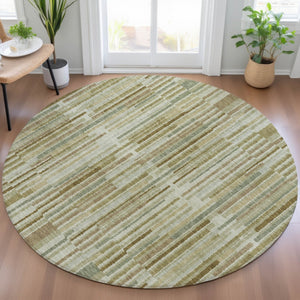 HomeRoots 5' Stylish Khaki and Olive Green Striped Washable Rug for Indoor and Outdoor Versatile Use 8' Round 631541