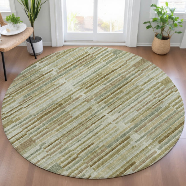 HomeRoots 5' Stylish Khaki and Olive Green Striped Washable Rug for Indoor and Outdoor Versatile Use 8' Round 631541