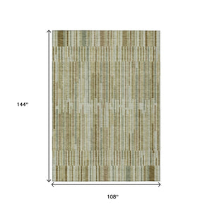HomeRoots 5' Stylish Khaki and Olive Green Striped Washable Rug for Indoor and Outdoor Versatile Use 9' X 12' 631543