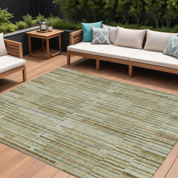 HomeRoots 5' Stylish Khaki and Olive Green Striped Washable Rug for Indoor and Outdoor Versatile Use 9' X 12' 631543