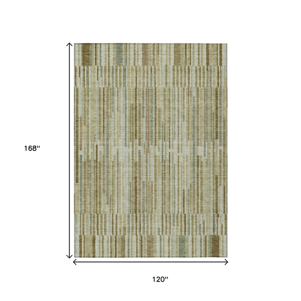 HomeRoots 5' Stylish Khaki and Olive Green Striped Washable Rug for Indoor and Outdoor Versatile Use 10' X 14' 631544