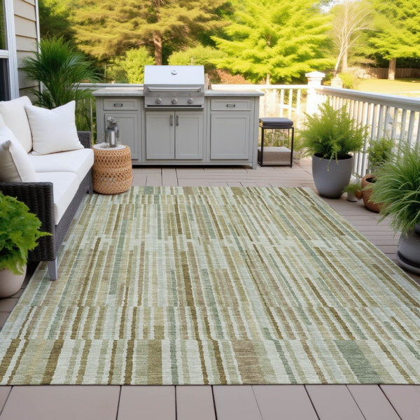 HomeRoots 5' Stylish Khaki and Olive Green Striped Washable Rug for Indoor and Outdoor Versatile Use 10' X 14' 631544
