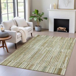 HomeRoots 5' Stylish Khaki and Olive Green Striped Washable Rug for Indoor and Outdoor Versatile Use 10' X 14' 631544