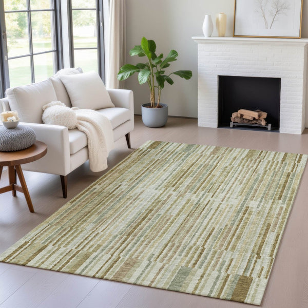 HomeRoots 5' Stylish Khaki and Olive Green Striped Washable Rug for Indoor and Outdoor Versatile Use 10' X 14' 631544