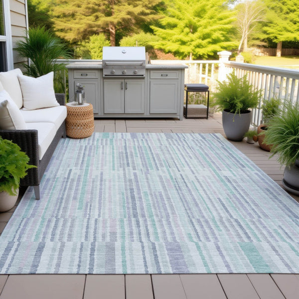 HomeRoots 5' Mint Green and Ivory Striped Washable Area Rug for Indoor and Outdoor Spaces – Durable & Stylish 5' X 8' 631546