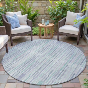 HomeRoots 5' Mint Green and Ivory Striped Washable Area Rug for Indoor and Outdoor Spaces – Durable & Stylish 8' Round 631547