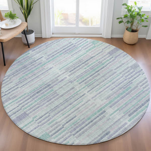 HomeRoots 5' Mint Green and Ivory Striped Washable Area Rug for Indoor and Outdoor Spaces – Durable & Stylish 8' Round 631547