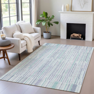 HomeRoots 5' Mint Green and Ivory Striped Washable Area Rug for Indoor and Outdoor Spaces – Durable & Stylish 10' X 14' 631550