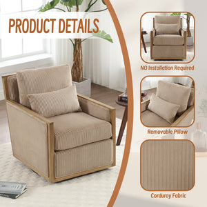 English Elm Corduroy Swivel Barrel Chair with Plush Foam Cushion, 360° Metal Base, Durable Hardwood Frame, Cozy Sitting Experience Camel W395P209394