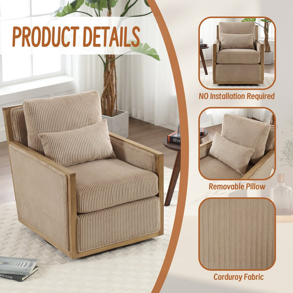 English Elm Corduroy Swivel Barrel Chair with Plush Foam Cushion, 360° Metal Base, Durable Hardwood Frame, Cozy Sitting Experience Camel W395P209394