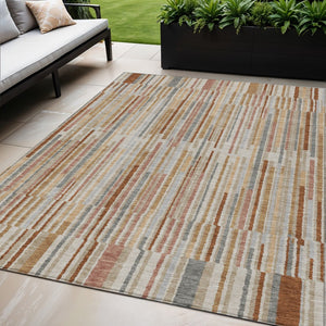 HomeRoots 5' Durable Rust and Ivory Striped Washable Area Rug for Indoor and Outdoor Spaces, Easy Care 5' X 8' 631552