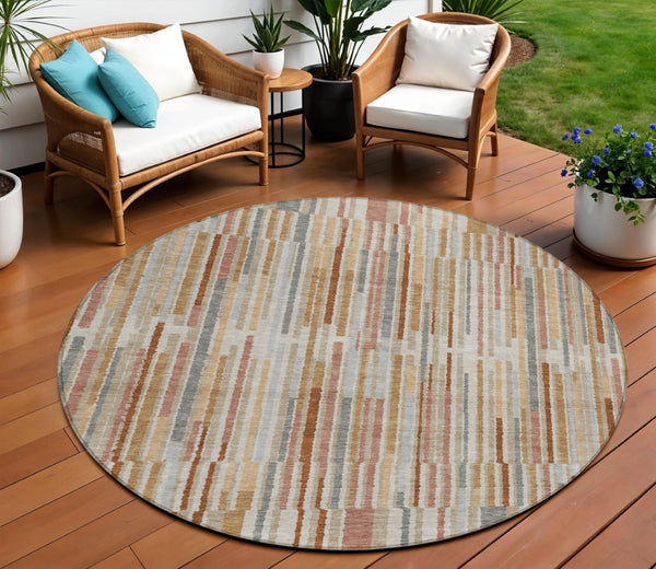 HomeRoots 5' Durable Rust and Ivory Striped Washable Area Rug for Indoor and Outdoor Spaces, Easy Care 8' Round 631553
