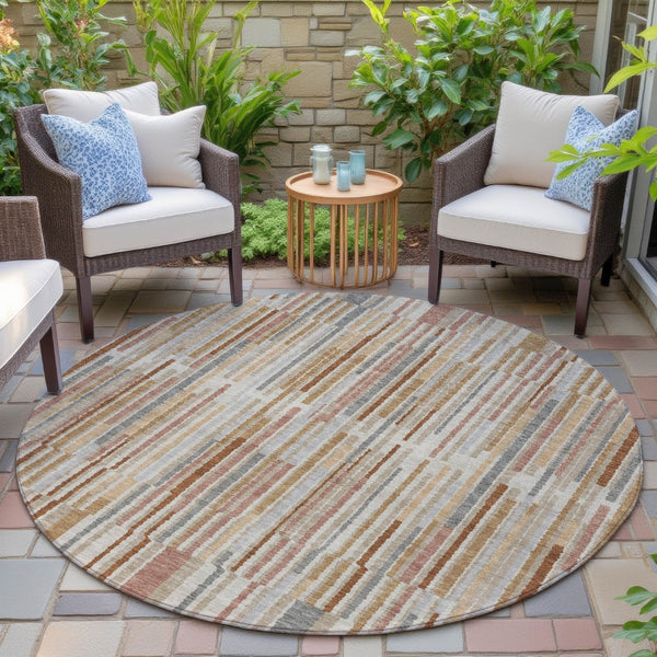 HomeRoots 5' Durable Rust and Ivory Striped Washable Area Rug for Indoor and Outdoor Spaces, Easy Care 8' Round 631553